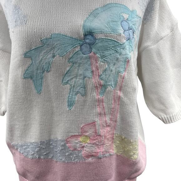VTG Koret Short Sleeve Sweater Sz L 100% Cotton Palm Trees Vacation Sustainable - Picture 2 of 5